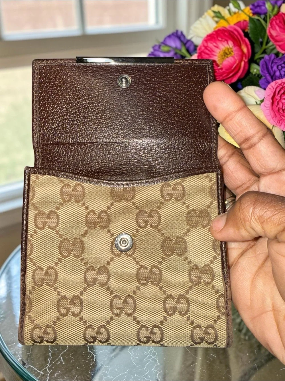 Gucci Beige GG Supreme Canvas Trifold Wallet with Silver Accents EUC